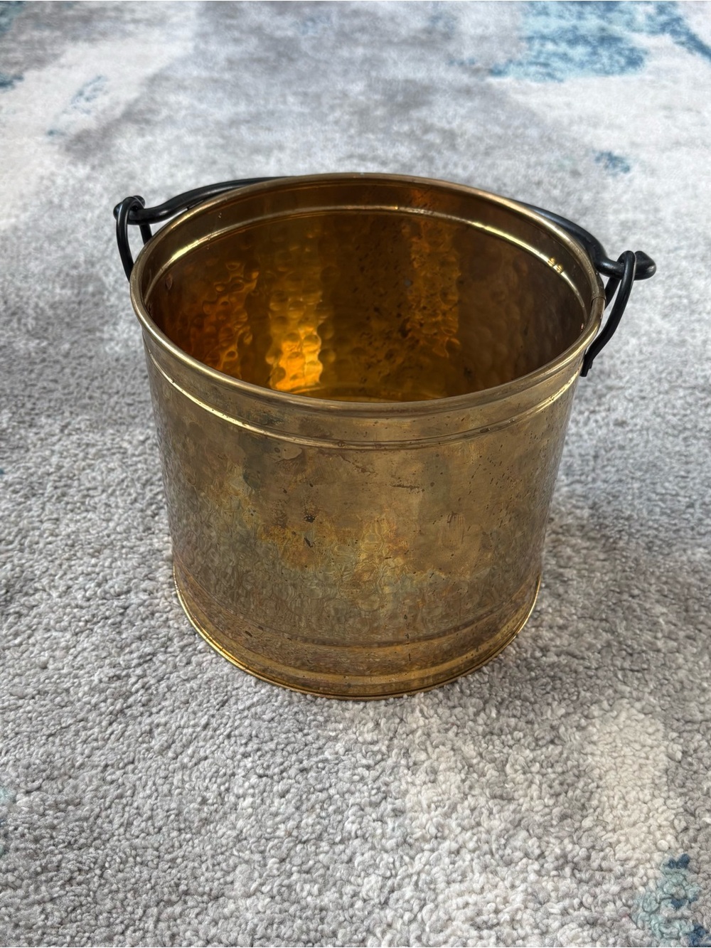 Hammered Brass Decorative Bucket with Handle - Gold Tone